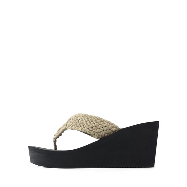 Woven Strap Platform Wedge Flip Flops - KHAKI - 3